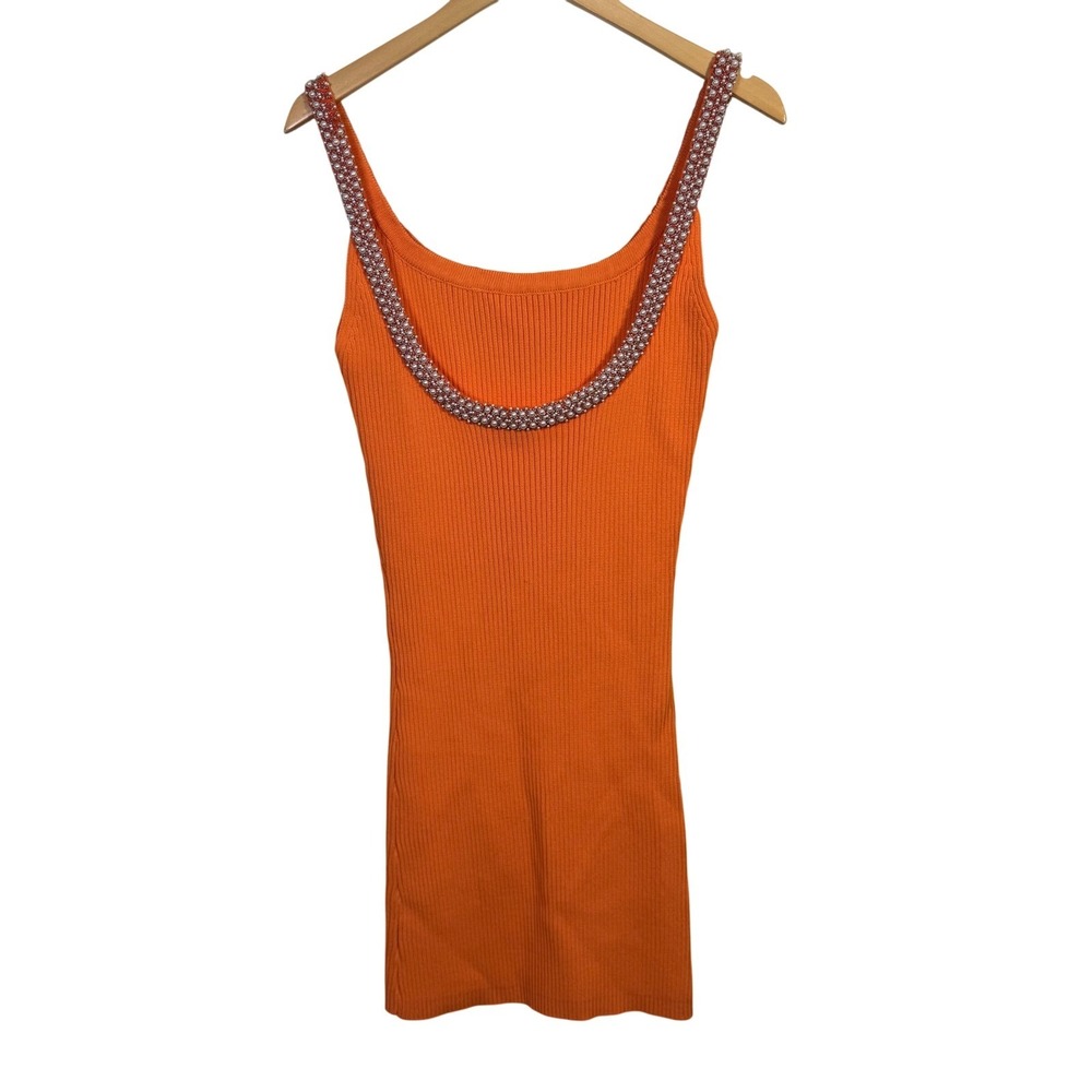Zara Large Mini Dress Ribbed Bodycon‎ Orange Embellished Low Back Party Cocktail - Picture 4 of 9